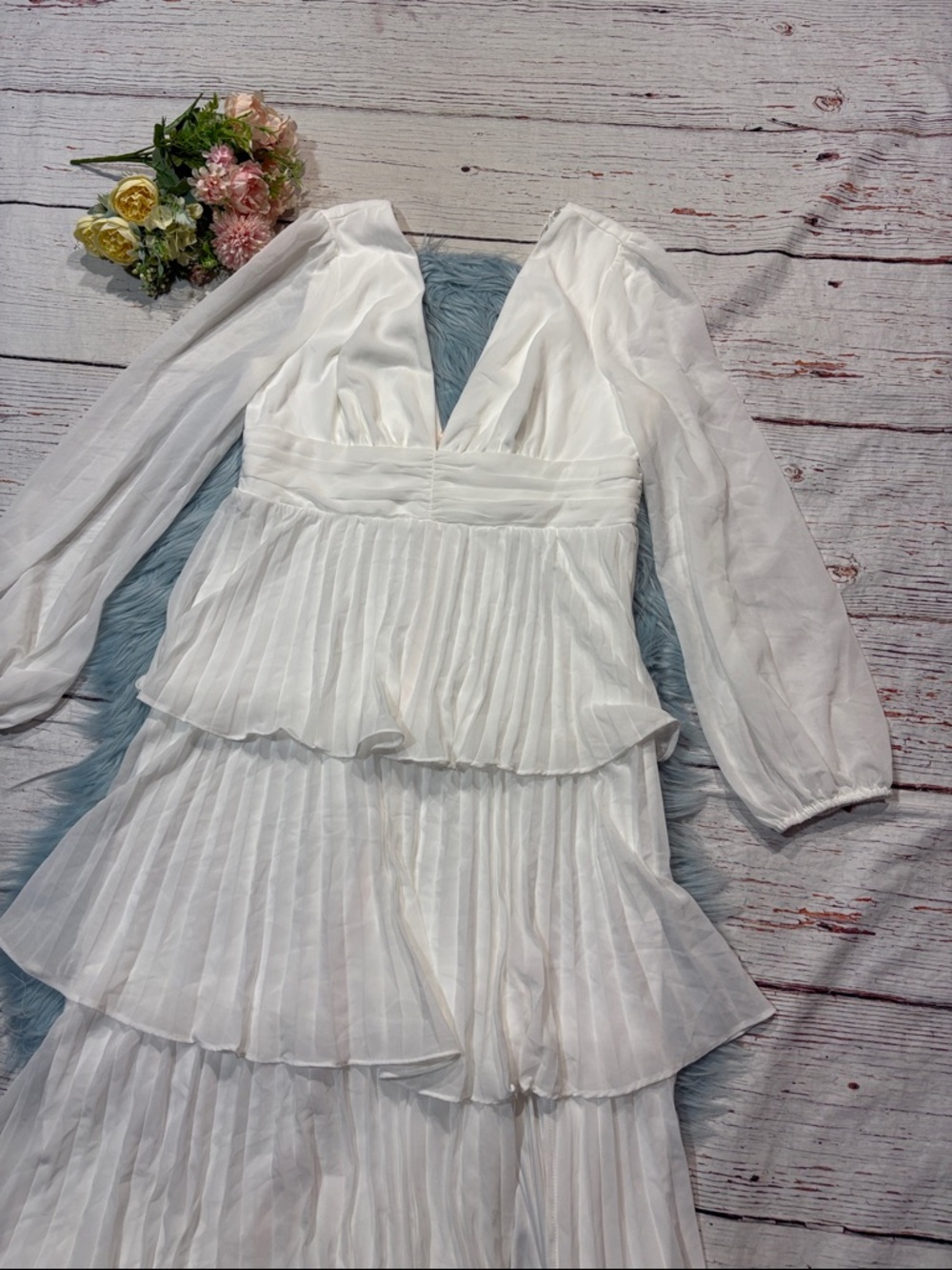 NWT Lulus Graceful Finesse White Pleated Long Sleeve Maxi Dress - Picture 7 of 9
